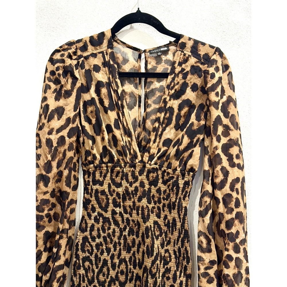 Fashion Nova Leopard Print Smocked Mini Dress XS Long Sleeve V Neck Ruched Waist - Picture 3 of 7